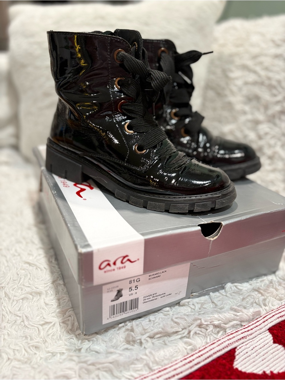 Ara women Black Patent Lace-Up Combat Boots